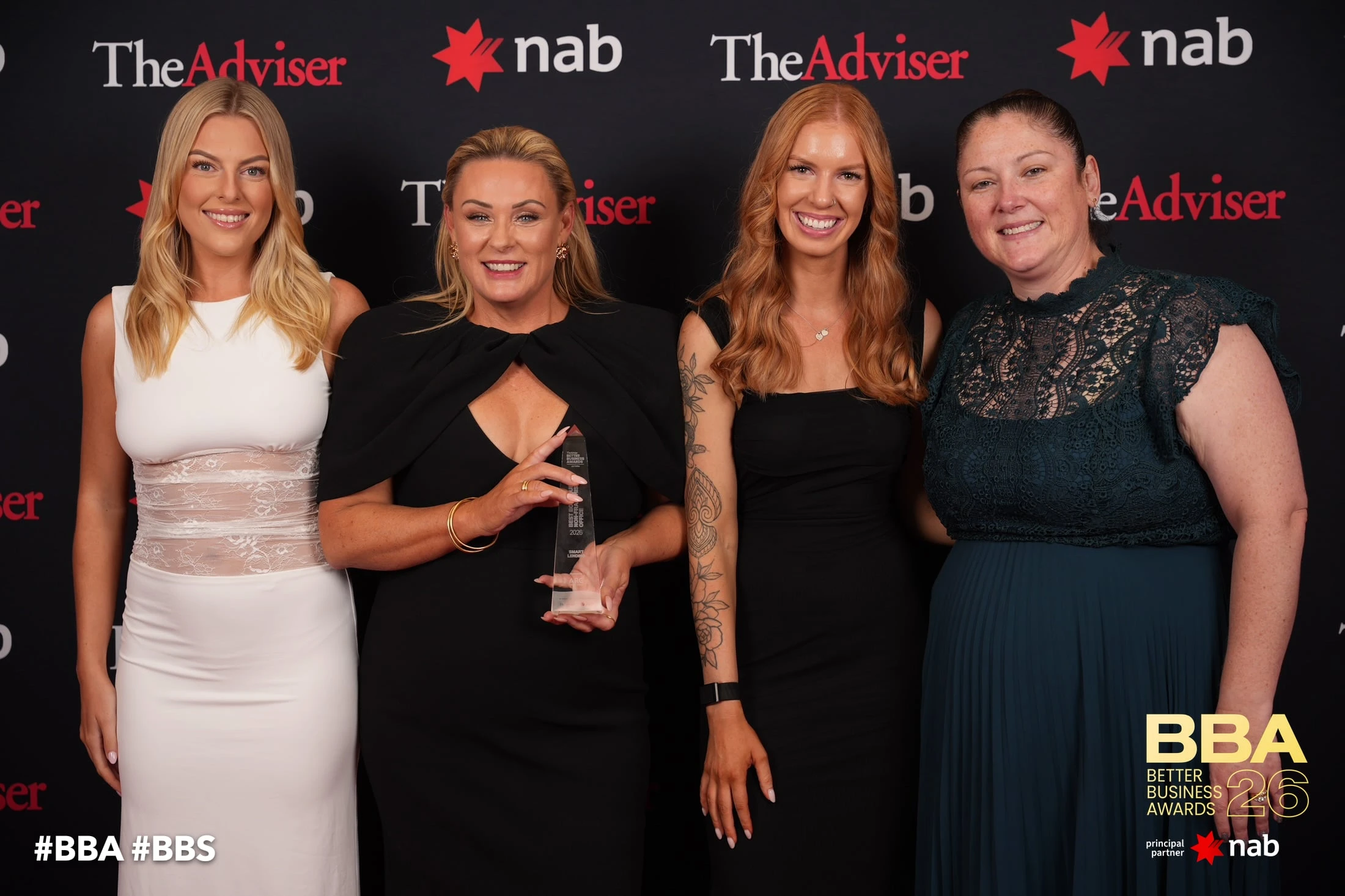 Smart Lending team posing with their award at the 2026 Better Business Awards (BBA) media wall, recognized as a leading mortgage broker in Melbourne.